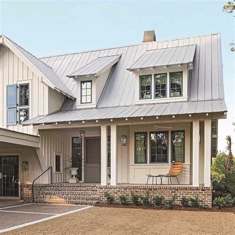 white ranch house with metal roof|modern farmhouse with metal roof.